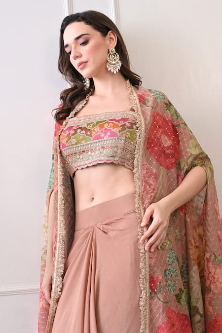 Peenacolada_Pink Chinon, Crepe Embroidery, Sequins, Zari Floral Pattern Cape And Skirt Set _at_Aza_Fashions