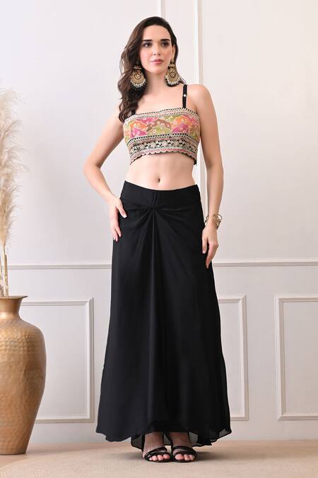 Peenacolada_Pink Chiffon, Crepe Embroidery, Sequins, Zari Floral Pattern Cape And Skirt Set _Online_at_Aza_Fashions