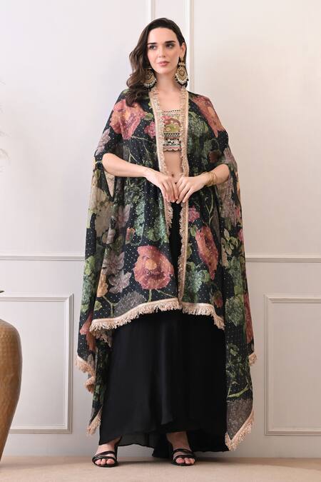 Shop_Peenacolada_Pink Chiffon, Crepe Embroidery, Sequins, Zari Floral Pattern Cape And Skirt Set _Online_at_Aza_Fashions