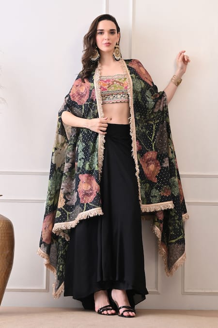 Peenacolada Pink Chiffon, Crepe Embroidery, Sequins, Zari Floral Pattern Cape And Skirt Set 