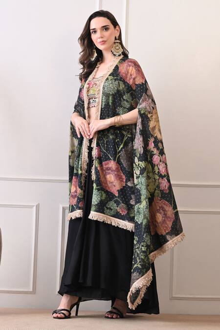 Peenacolada_Pink Chiffon, Crepe Embroidery, Sequins, Zari Floral Pattern Cape And Skirt Set _at_Aza_Fashions