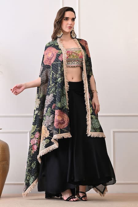 Buy_Peenacolada_Pink Chiffon, Crepe Embroidery, Sequins, Zari Floral Pattern Cape And Skirt Set 