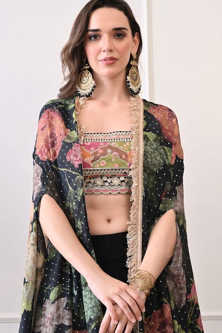 Shop_Peenacolada_Pink Chiffon, Crepe Embroidery, Sequins, Zari Floral Pattern Cape And Skirt Set 