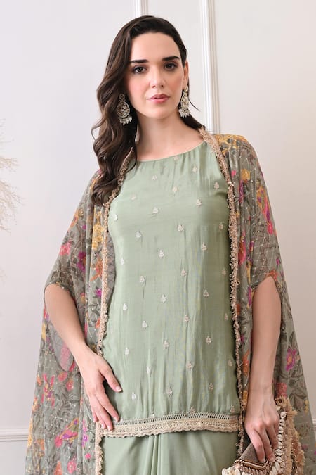 Peenacolada_Mint Embroidery, Sequins, Zari Round Neck, Open Floral Pattern Cape And Skirt Set _Online_at_Aza_Fashions