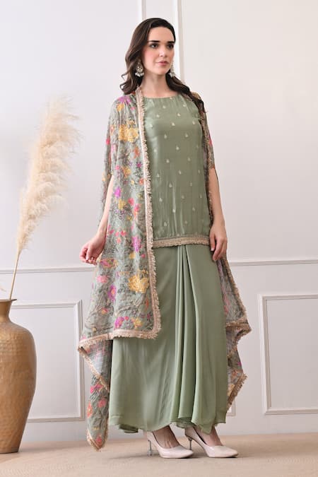 Buy_Peenacolada_Mint Embroidery, Sequins, Zari Round Neck, Open Floral Pattern Cape And Skirt Set _Online_at_Aza_Fashions