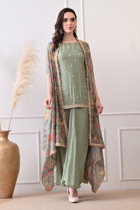Shop_Peenacolada_Mint Embroidery, Sequins, Zari Round Neck, Open Floral Pattern Cape And Skirt Set _Online_at_Aza_Fashions