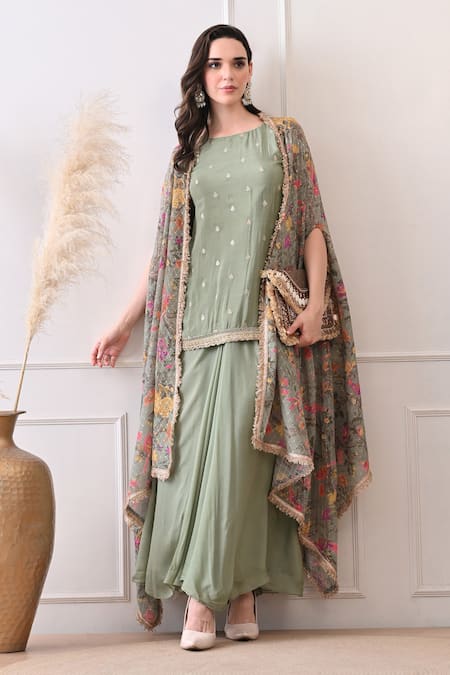 Peenacolada Mint Embroidery, Sequins, Zari Round Neck, Open Floral Pattern Cape And Skirt Set 