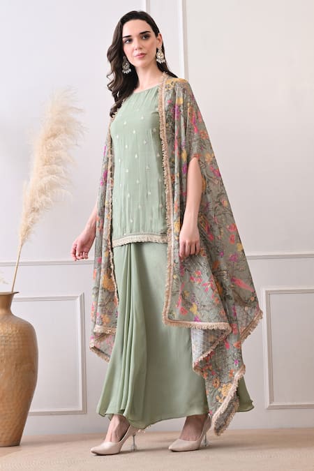 Buy_Peenacolada_Mint Embroidery, Sequins, Zari Round Neck, Open Floral Pattern Cape And Skirt Set 