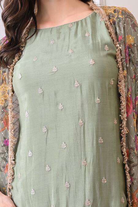Shop_Peenacolada_Mint Embroidery, Sequins, Zari Round Neck, Open Floral Pattern Cape And Skirt Set 