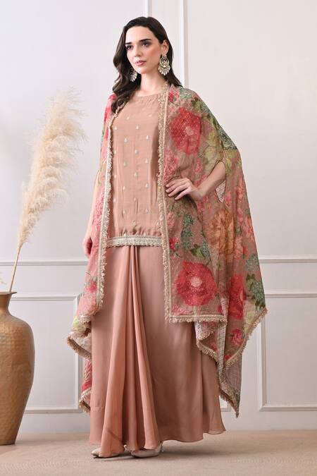 Shop Peenacolada Peach Chinon, Crepe Embroidery, Sequins, Zari Floral Pattern Cape And Skirt Set Online at Aza Fashions Shop_Peenacolada_Peach Chinon, Crepe Embroidery, Sequins, Zari Floral Pattern Cape And Skirt Set _Online_at_Aza_Fashions