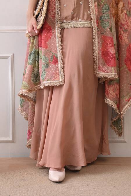 Peenacolada Peach Chinon, Crepe Embroidery, Sequins, Zari Floral Pattern Cape And Skirt Set at Aza Fashions Peenacolada_Peach Chinon, Crepe Embroidery, Sequins, Zari Floral Pattern Cape And Skirt Set _at_Aza_Fashions