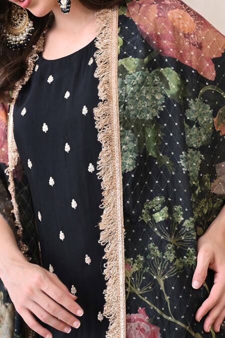 Peenacolada Black Crepe Embroidery, Sequins, Lace Round Floral Pattern Cape And Skirt Set Online at Aza Fashions Peenacolada_Black Crepe Embroidery, Sequins, Lace Round Floral Pattern Cape And Skirt Set _Online_at_Aza_Fashions