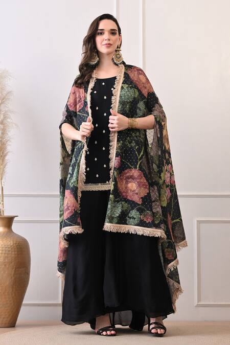 Buy Peenacolada Black Crepe Embroidery, Sequins, Lace Round Floral Pattern Cape And Skirt Set Online at Aza Fashions Buy_Peenacolada_Black Crepe Embroidery, Sequins, Lace Round Floral Pattern Cape And Skirt Set _Online_at_Aza_Fashions