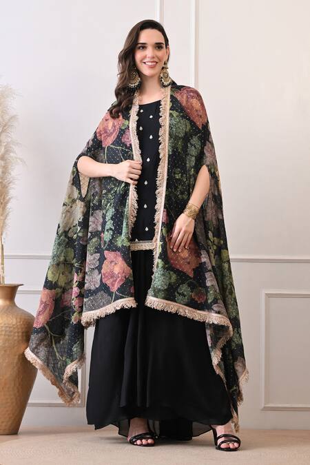 Shop Peenacolada Black Crepe Embroidery, Sequins, Lace Round Floral Pattern Cape And Skirt Set Shop_Peenacolada_Black Crepe Embroidery, Sequins, Lace Round Floral Pattern Cape And Skirt Set