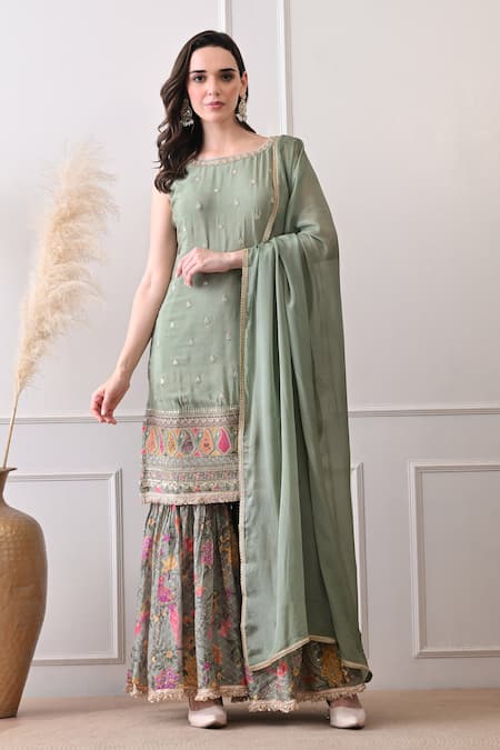 Peenacolada Green Chinon Embroidery, Sequins, Zari Boat Butti Pattern Kurta With Gharara 