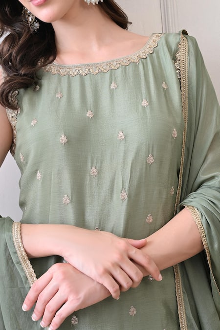 Buy_Peenacolada_Green Chinon Embroidery, Sequins, Zari Boat Butti Pattern Kurta With Gharara _Online_at_Aza_Fashions