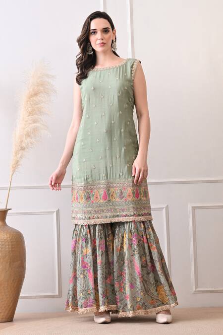 Shop_Peenacolada_Green Chinon Embroidery, Sequins, Zari Boat Butti Pattern Kurta With Gharara _Online_at_Aza_Fashions