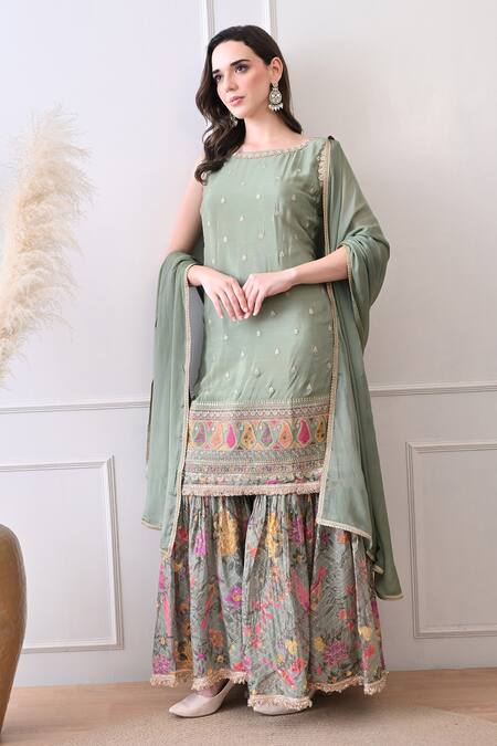 Peenacolada_Green Chinon Embroidery, Sequins, Zari Boat Butti Pattern Kurta With Gharara _at_Aza_Fashions