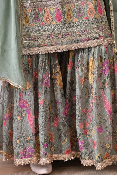 Buy_Peenacolada_Green Chinon Embroidery, Sequins, Zari Boat Butti Pattern Kurta With Gharara 