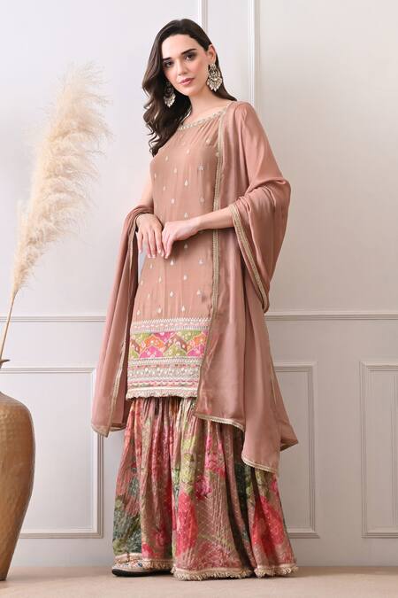 Buy_Peenacolada_Peach Chinon Embroidery, Sequins, Zari Round Butti Pattern Kurta With Gharara _Online_at_Aza_Fashions