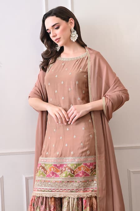 Shop_Peenacolada_Peach Chinon Embroidery, Sequins, Zari Round Butti Pattern Kurta With Gharara 