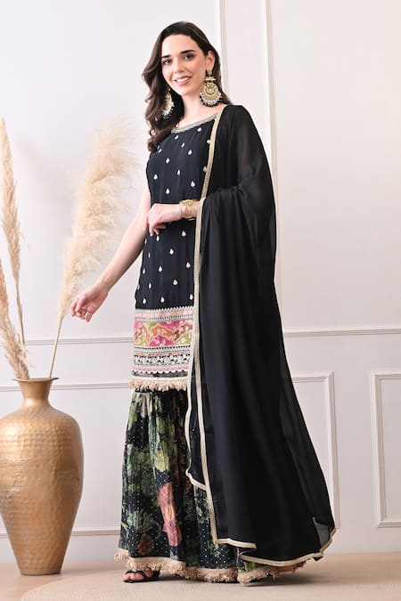 Buy_Peenacolada_Black Chinon Embroidery, Sequins, Zari Round Butti Pattern Kurta With Gharara _Online_at_Aza_Fashions