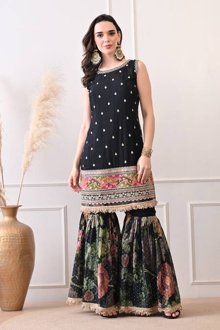 Shop_Peenacolada_Black Chinon Embroidery, Sequins, Zari Round Butti Pattern Kurta With Gharara _Online_at_Aza_Fashions