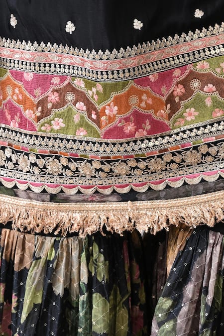 Shop_Peenacolada_Black Chinon Embroidery, Sequins, Zari Round Butti Pattern Kurta With Gharara 