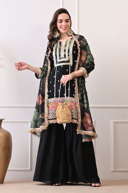 Buy_Peenacolada_Black Crepe Embroidery, Sequins, Zari, Lace, Fringe Floral Pattern Kurta Set _Online_at_Aza_Fashions