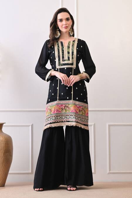 Shop_Peenacolada_Black Crepe Embroidery, Sequins, Zari, Lace, Fringe Floral Pattern Kurta Set _Online_at_Aza_Fashions