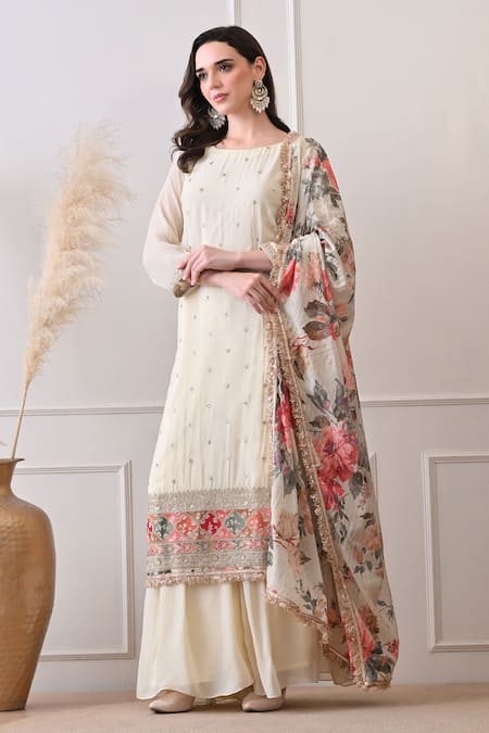Buy Peenacolada Cream Chinon, Crepe, Chiffon Embroidery, Sequins, Zari, Floral Pattern Kurta Set Online at Aza Fashions Buy_Peenacolada_Cream Chinon, Crepe, Chiffon Embroidery, Sequins, Zari, Floral Pattern Kurta Set _Online_at_Aza_Fashions