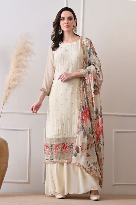 Peenacolada Cream Chinon, Crepe, Chiffon Embroidery, Sequins, Zari, Floral Pattern Kurta Set 