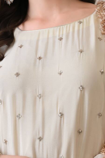 Peenacolada Cream Chinon, Crepe, Chiffon Embroidery, Sequins, Zari, Floral Pattern Kurta Set at Aza Fashions Peenacolada_Cream Chinon, Crepe, Chiffon Embroidery, Sequins, Zari, Floral Pattern Kurta Set _at_Aza_Fashions