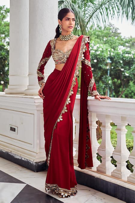 Nidhika Shekhar_Red Crepe, Silk Mirrors, Embroidery, Sequins Laal Harsh Pre-draped Saree Set _Online_at_Aza_Fashions