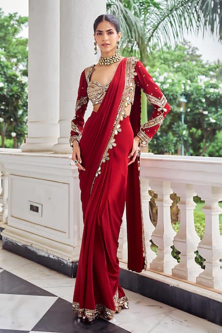 Buy_Nidhika Shekhar_Red Crepe, Silk Mirrors, Embroidery, Sequins Laal Harsh Pre-draped Saree Set _Online_at_Aza_Fashions