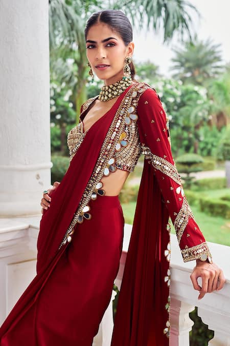 Shop_Nidhika Shekhar_Red Crepe, Silk Mirrors, Embroidery, Sequins Laal Harsh Pre-draped Saree Set _Online_at_Aza_Fashions