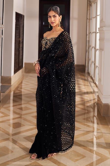 Nidhika Shekhar_Black Lycra, Net, Silk Sequins, Cut Work, Ullas Pre-draped Saree With Blouse _Online_at_Aza_Fashions