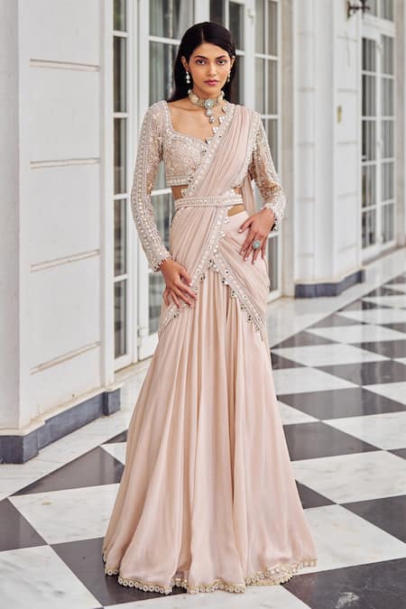 Nidhika Shekhar Pink Chiffon Pearls, Sequins, Mirrors, Umang Pre-draped Saree With Blouse 