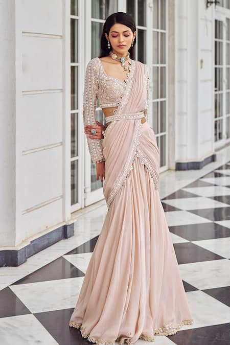Buy_Nidhika Shekhar_Pink Chiffon Pearls, Sequins, Mirrors, Umang Pre-draped Saree With Blouse _Online_at_Aza_Fashions