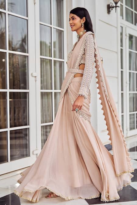 Shop_Nidhika Shekhar_Pink Chiffon Pearls, Sequins, Mirrors, Umang Pre-draped Saree With Blouse _Online_at_Aza_Fashions