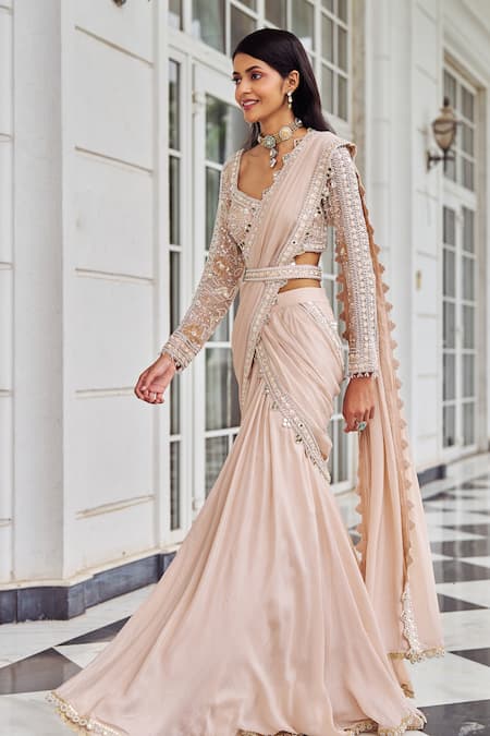 Nidhika Shekhar_Pink Chiffon Pearls, Sequins, Mirrors, Umang Pre-draped Saree With Blouse _at_Aza_Fashions