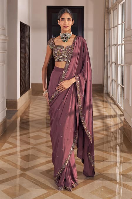 Nidhika Shekhar Purple Crepe Sequins, Beads, Bahaar Pre-draped Saree With Embroidered Blouse 