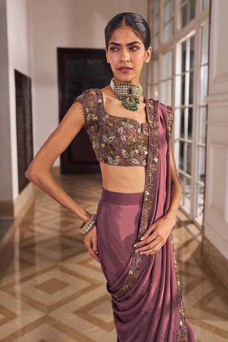 Buy Nidhika Shekhar Purple Crepe Sequins, Beads, Bahaar Pre-draped Saree With Embroidered Blouse Online at Aza Fashions Buy_Nidhika Shekhar_Purple Crepe Sequins, Beads, Bahaar Pre-draped Saree With Embroidered Blouse _Online_at_Aza_Fashions