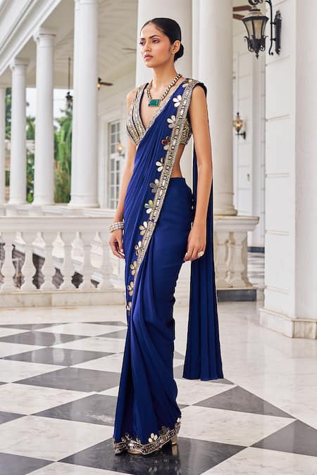 Nidhika Shekhar_Gold Crepe Embroidery, Mirrors, Harsh E Ullas Pre-draped Saree With Blouse _Online_at_Aza_Fashions