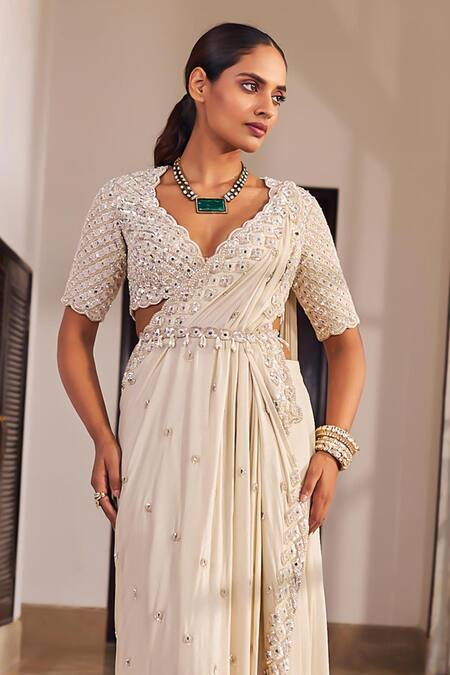 NIDHIKA SHEKHAR_Beige Georgette Zari, Sequins, Beads, Pearls, Stones, Masarrat Saree Set _Online_at_Aza_Fashions
