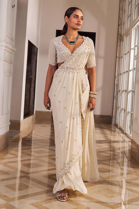 NIDHIKA SHEKHAR_Beige Georgette Zari, Sequins, Beads, Pearls, Stones, Masarrat Saree Set _at_Aza_Fashions