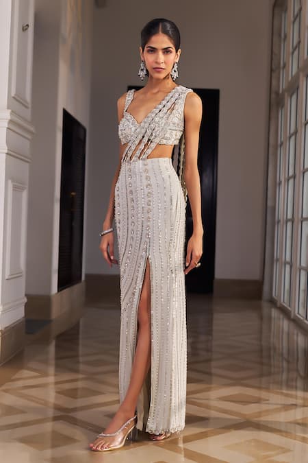 Nidhika Shekhar_Silver Georgette Pearls, Stones, Glee Embroidered Pre-draped Saree With Blouse _Online_at_Aza_Fashions