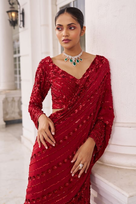 Nidhika Shekhar_Red Georgette, Net Surkh Umang Laal Embroidered Pre-draped Lehenga Saree Set _Online_at_Aza_Fashions