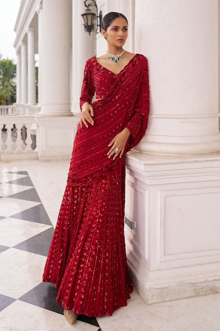 Buy_Nidhika Shekhar_Red Georgette, Net Surkh Umang Laal Embroidered Pre-draped Lehenga Saree Set _Online_at_Aza_Fashions