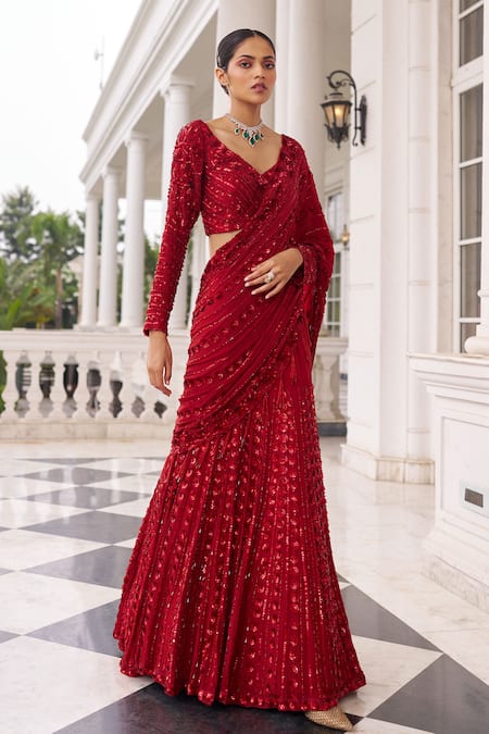 Shop_Nidhika Shekhar_Red Georgette, Net Surkh Umang Laal Embroidered Pre-draped Lehenga Saree Set _Online_at_Aza_Fashions
